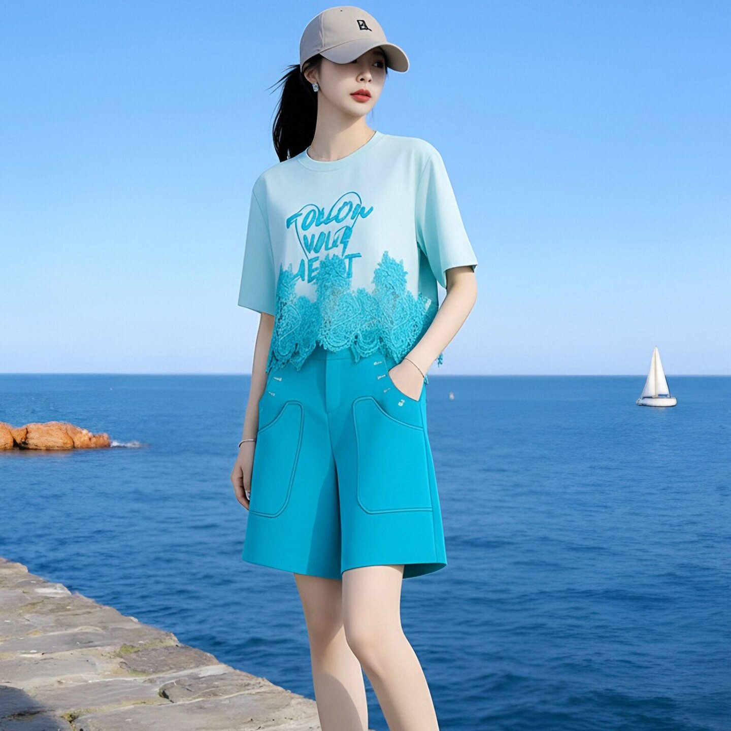 休闲蕾丝拼接短袖T恤女夏季上衣