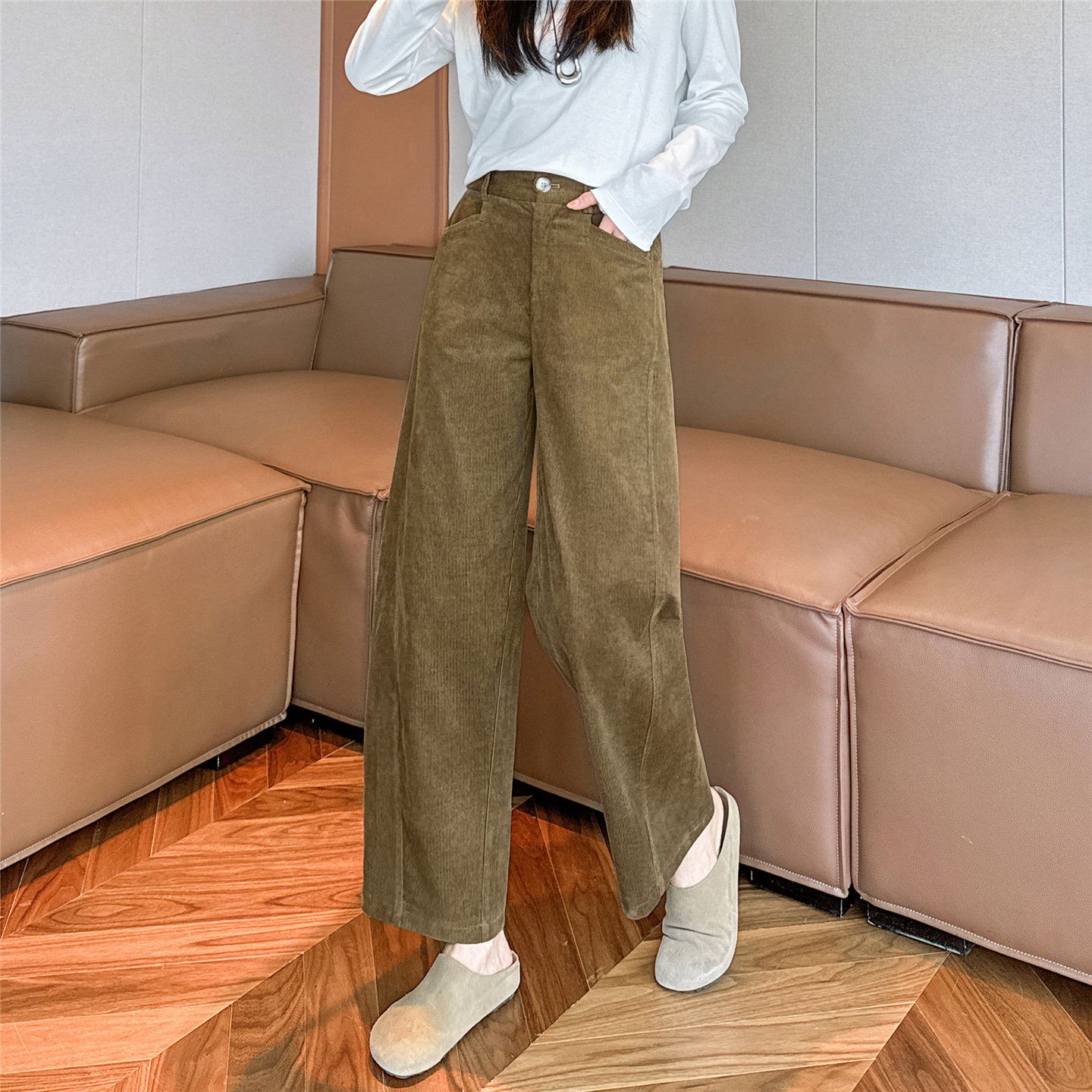 灯芯绒九分阔腿裤女宽松直筒裤子