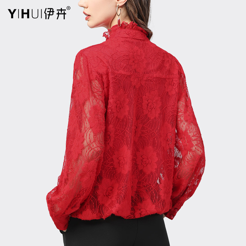 欧洲站春装新款蕾丝衫红色打底上衣设计感灯笼袖宽松显瘦小衫百搭