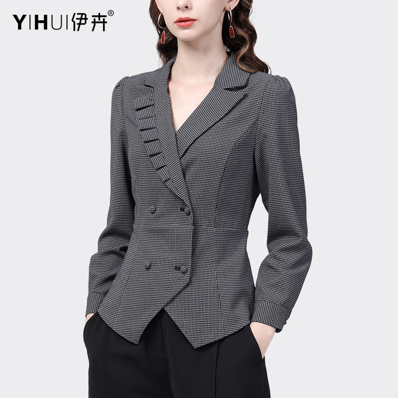 格子衬衫女春装长袖上衣设计感不规则西装领衬衣小外套修身显瘦秋