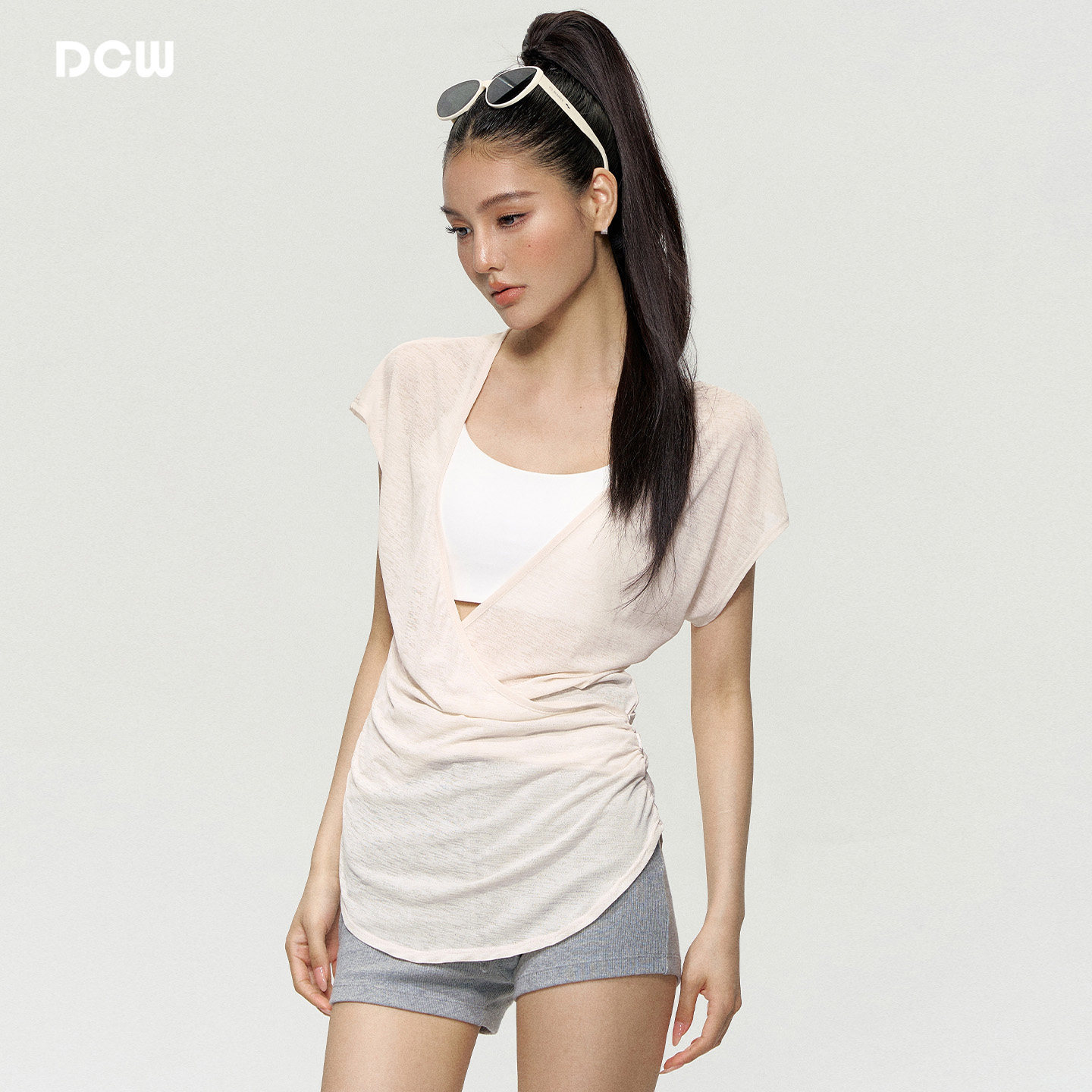 DCW中长款运动短袖罩衫女宽松显瘦收腰健身上衣跑步训练瑜伽t恤夏
