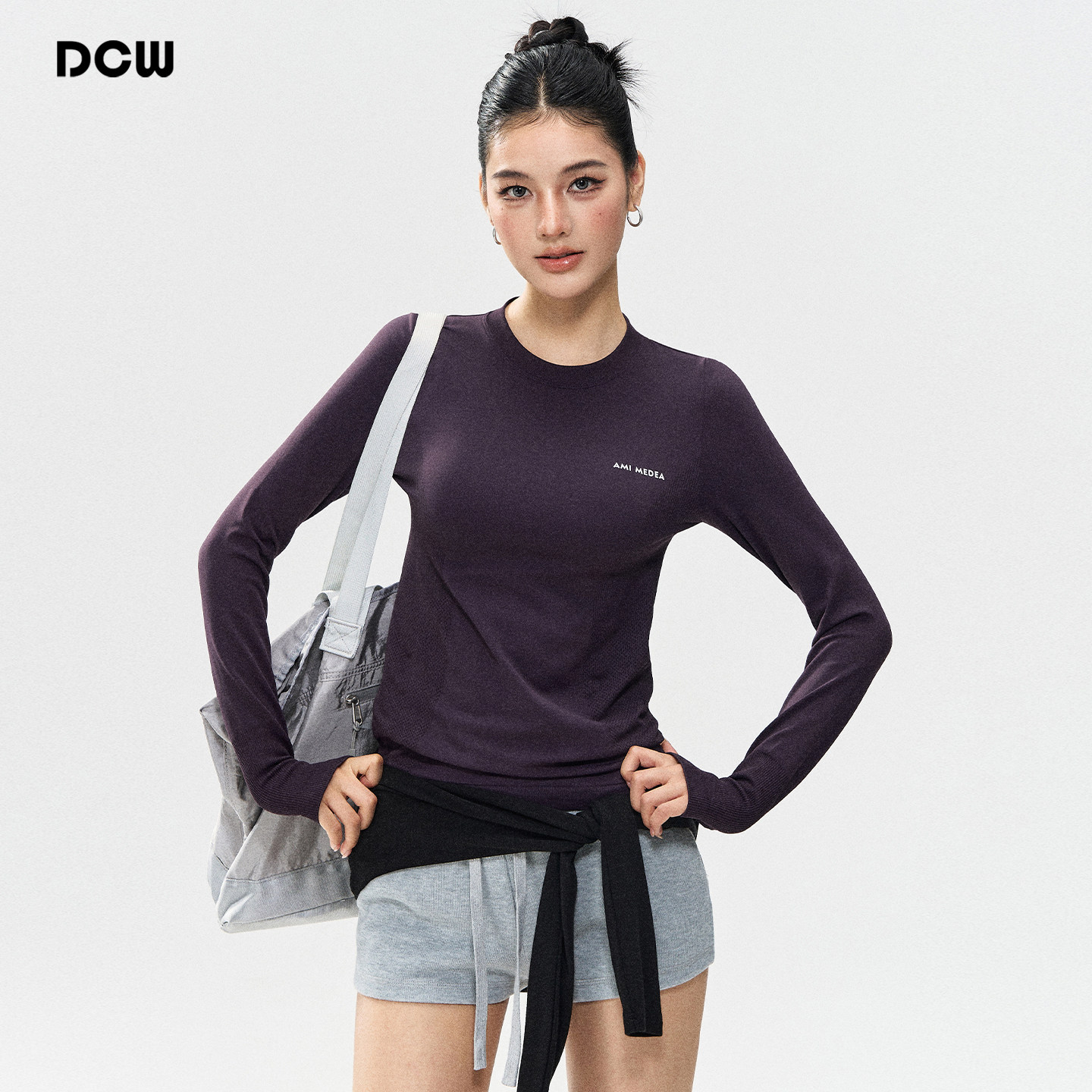 DCW紫色普拉提训练服专业运动跑步训练高弹力健身上衣瑜伽打底衫