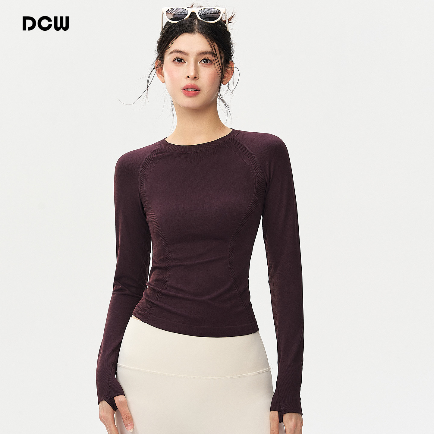 DCW圆领健身长袖女紧身显瘦瑜伽打底衫上衣跑步普拉提训练运动t恤,运动服/休闲服装,健身衣,淘宝优惠券,粉丝福利购,淘宝优惠卷