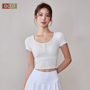 健身上衣T恤 显瘦普拉提训练运动短袖 DCW莫代尔瑜伽服女短款 修身