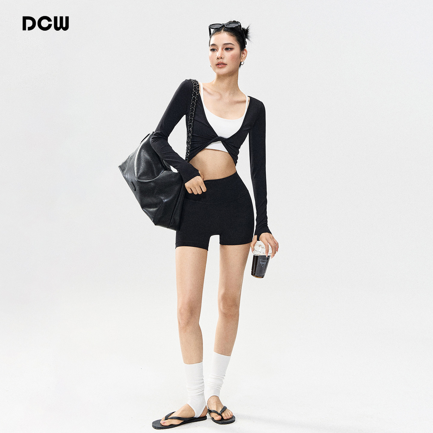 DCW高级感瑜伽服女套装收腰显瘦短款扭结运动罩衫外穿长袖健身衣