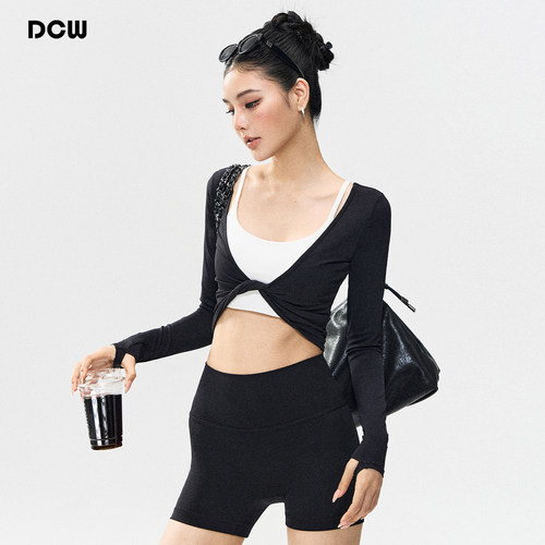 dcw带指套紧身显瘦短款健身上衣