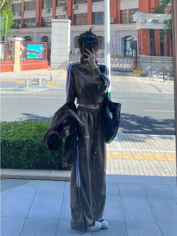 가을 여성을 위한 패셔너블한 스포츠웨어 슈트 루즈하고 슬림한 한국식 스트리트 하이웨이스트 스웨트셔츠 캐주얼 투피스 트렌디 세트