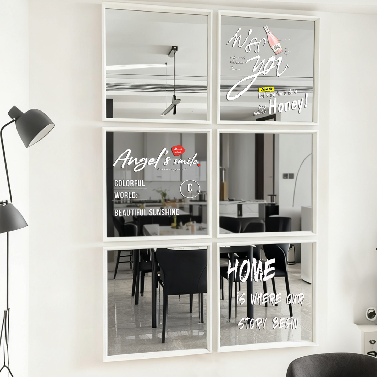 现代客厅餐厅拼接镜玄关挂镜白色法式镜子梳妆台化妆镜镜子装饰画