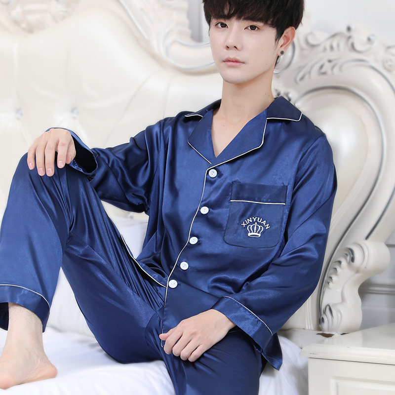 冰丝睡衣男夏季薄款长袖套装韩版宽松大码休闲仿真丝绸开衫家居服