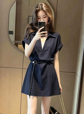 假两件翻领短袖洋装女2026年夏季新款时尚休闲百搭设计感短裙子