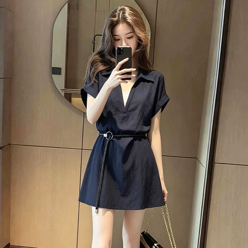 假两件翻领短袖洋装女202