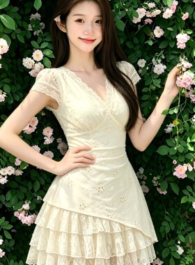 甜美风白色蕾丝连衣裙女短袖V领初恋小白裙绝美蛋糕裙