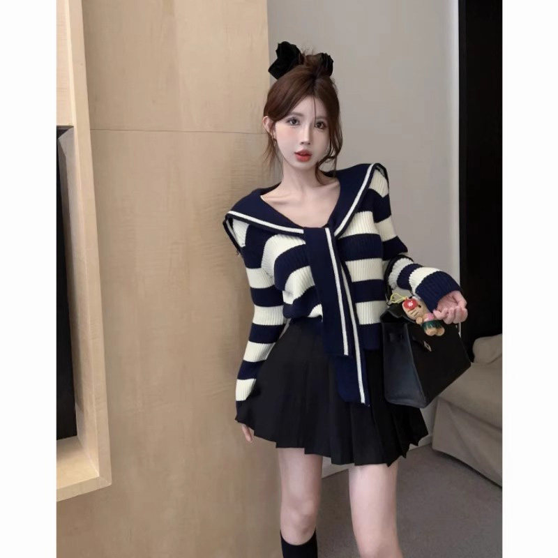 春季小个子茶系穿搭海军领条纹针织毛衣百褶短裙学院风两件套装女