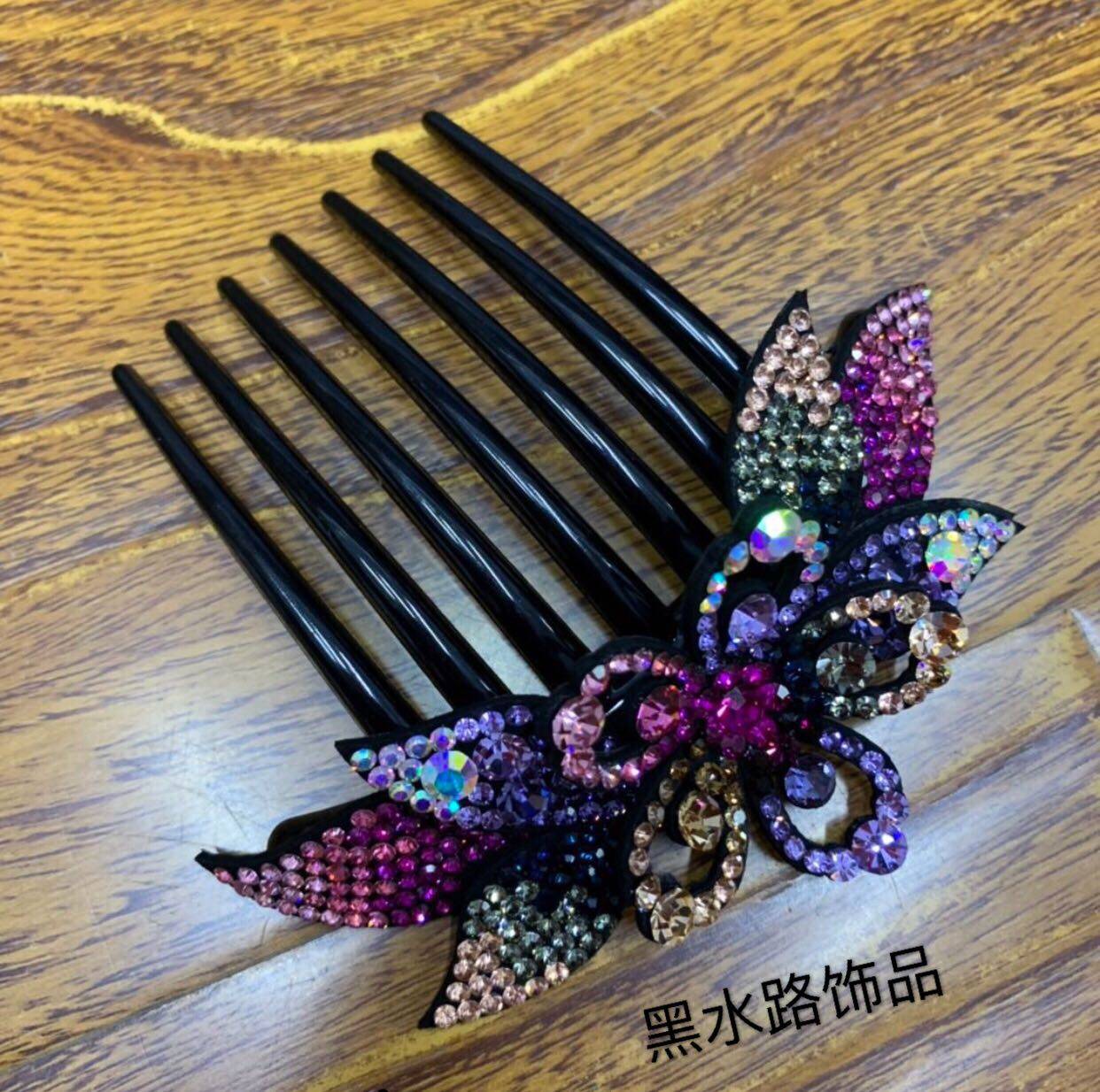 韩版水钻花朵头饰品插排发梳