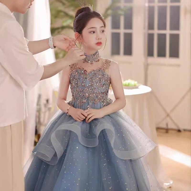 蓝色女童礼服花童高端生日钢琴演奏儿童公主主持人走秀钢琴演出服