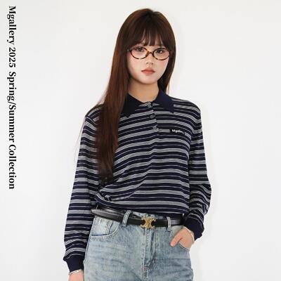 Mgallery条纹翻领有弹力复古学院知识分子学院短款针织polo上衣