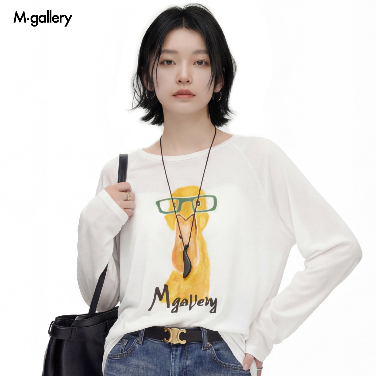 Mgallery小黄鸭动物印花多巴胺微透宽松亲肤柔软插肩袖网纱长袖T图片