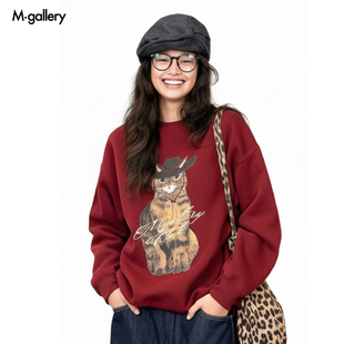 Mgallery牛仔猫咪男女宽松情侣酒红动物廓形圆领卫衣2025AWWY0028