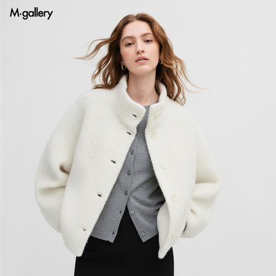 Mgallery绵羊毛颗粒绒毛巾绣织法单排扣立领毛衣外套25AWWT0012