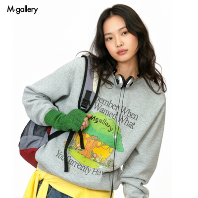 Mgallery绿树复古植物插画美式男女宽松重磅圆领卫衣2025AWWY0021
