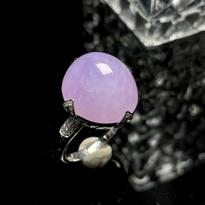 特价小夏珠宝18K金南非钻镶嵌缅甸天然A货翡翠冰种紫罗兰蛋面戒指