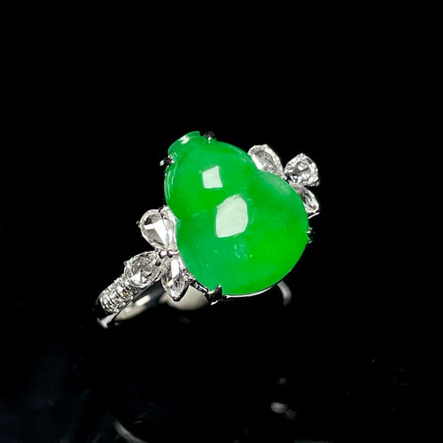 特价小夏珠宝18K金南非钻镶嵌缅甸天然A货翡翠高冰阳绿葫芦戒指