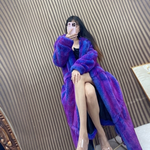 进口青紫蓝獭兔毛皮草外套女秋冬长款连帽皮毛一体大衣2024新时尚