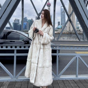 2025秋冬季新安哥拉真兔毛皮草外套长款皮毛一体大衣女高级感挽袖