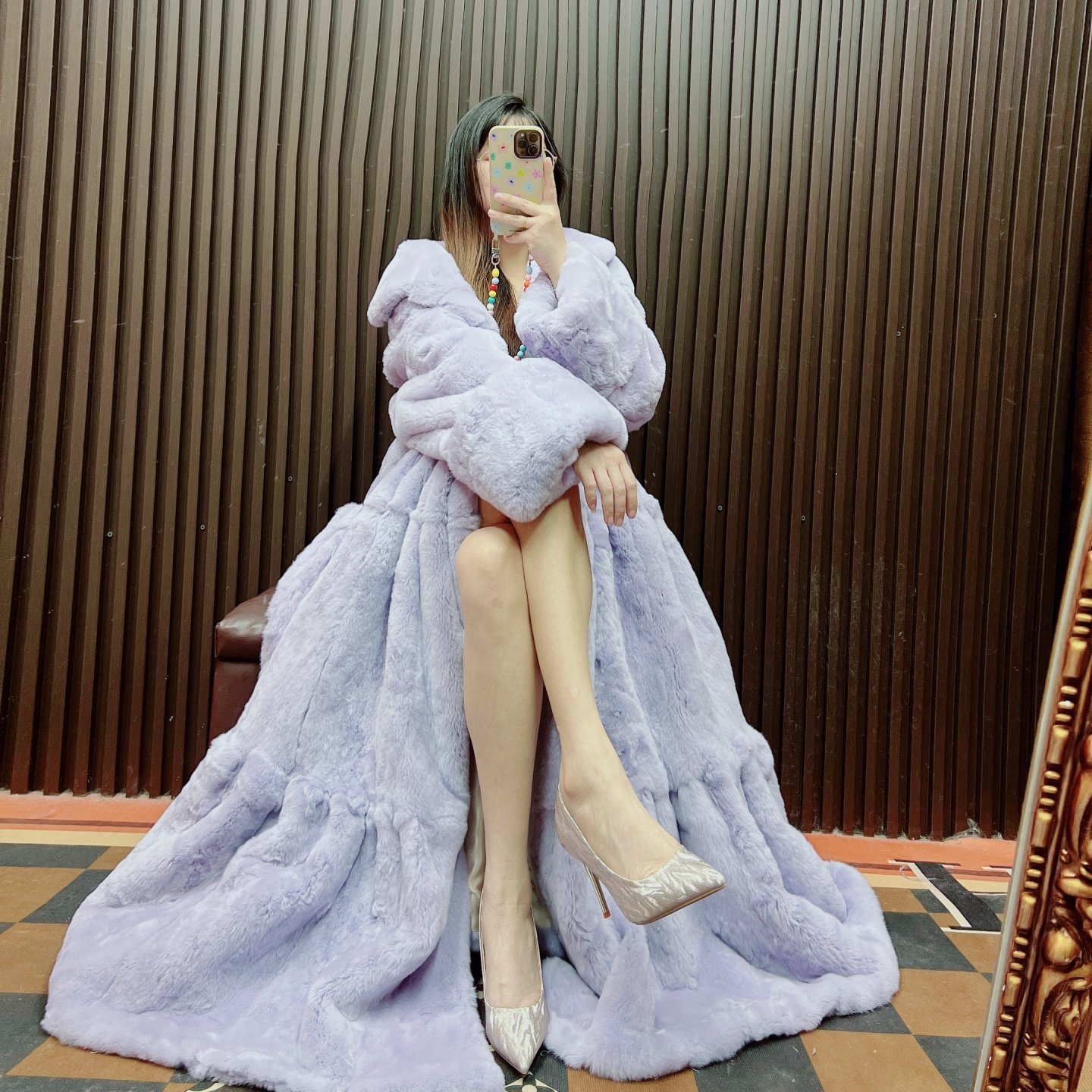 “烟紫幽情”真獭兔毛皮草大裙摆