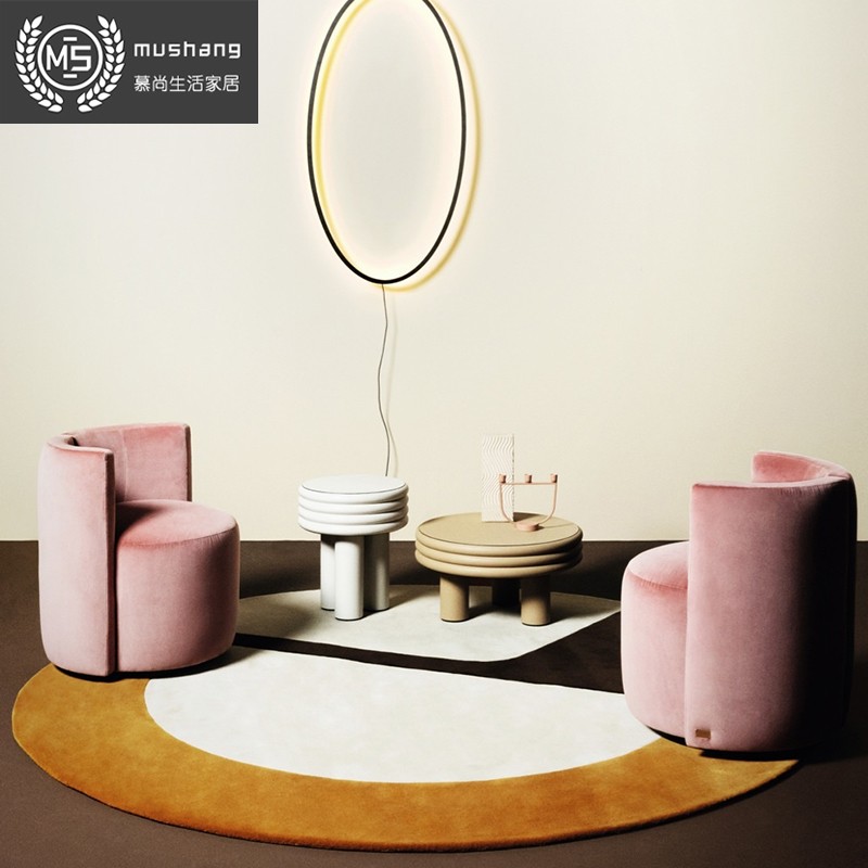 高端定制款简约豆沙色绒布异形圆弧形单人沙发客厅个性创意风格