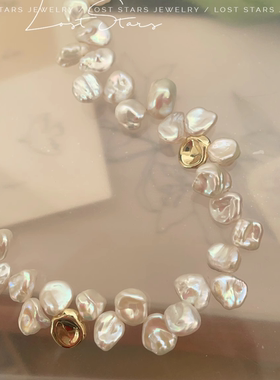 花瓣隔珠花瓣珍珠项链 巴洛克 天然珍珠 保色铜镀金 个性潮流