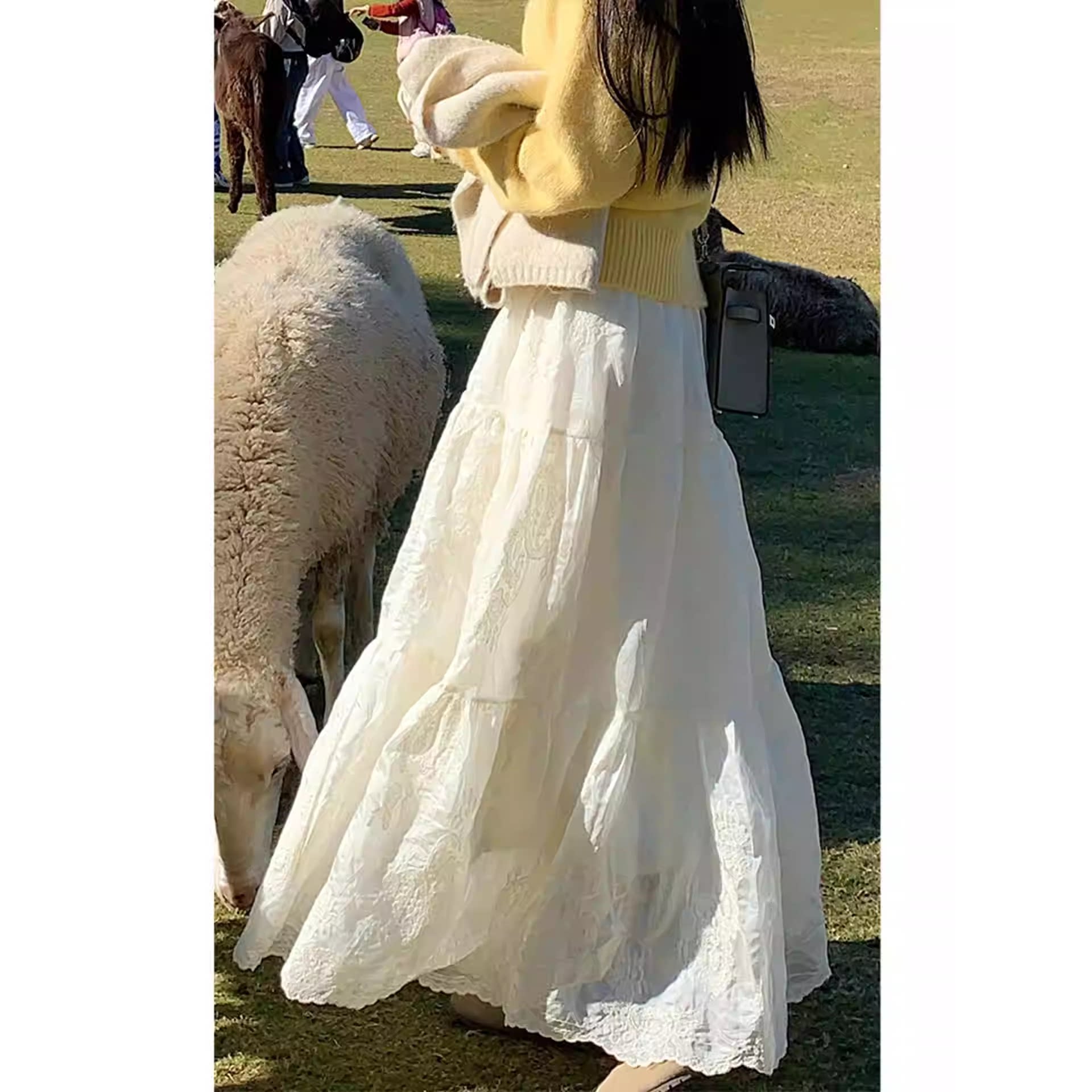 蕾丝半身裙女秋冬米杏色蛋糕高腰a字伞裙显瘦小个子加绒蓬蓬长裙