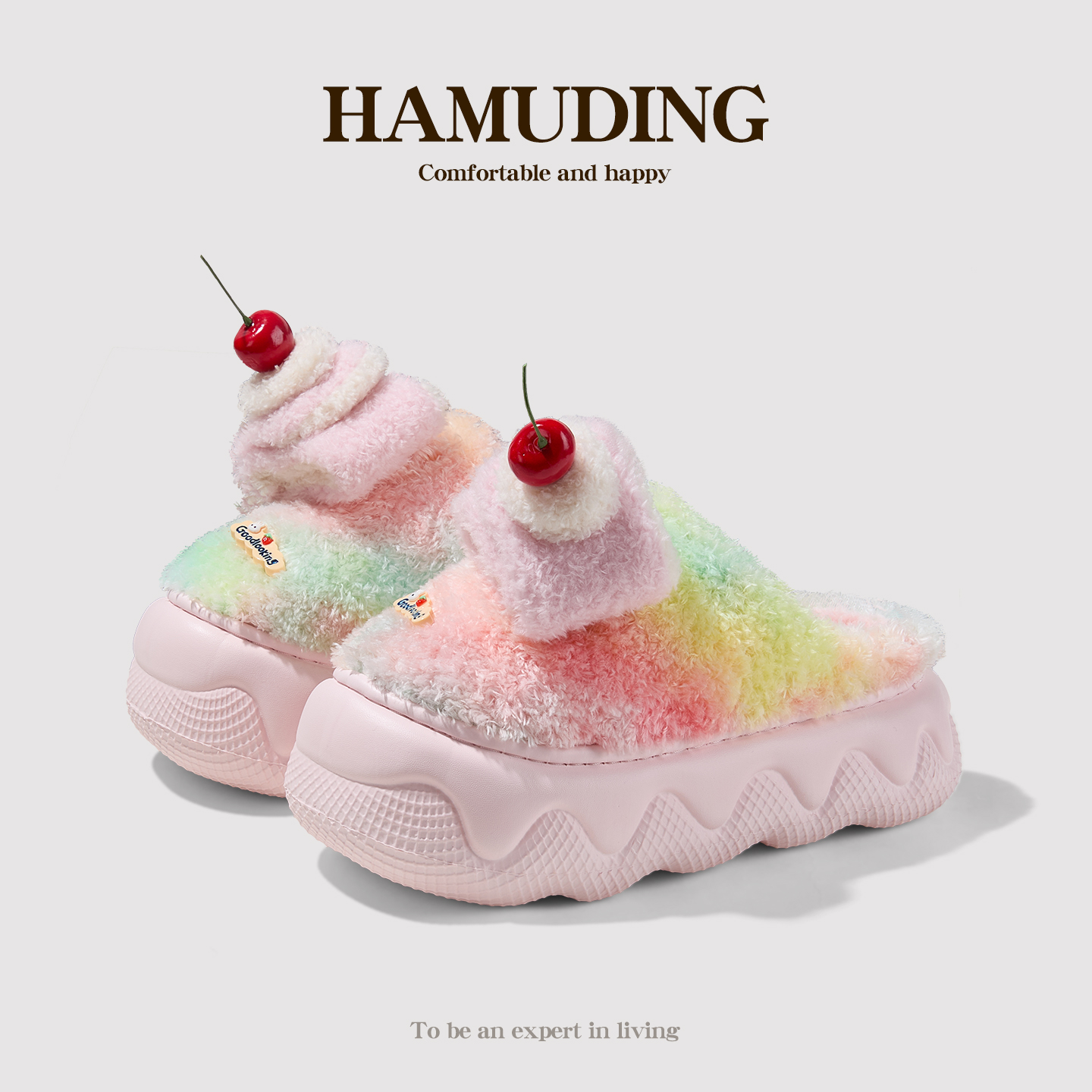 彩虹瑞士卷棉拖鞋女款冬季居家室内加绒加厚女厚底增高保暖毛毛鞋