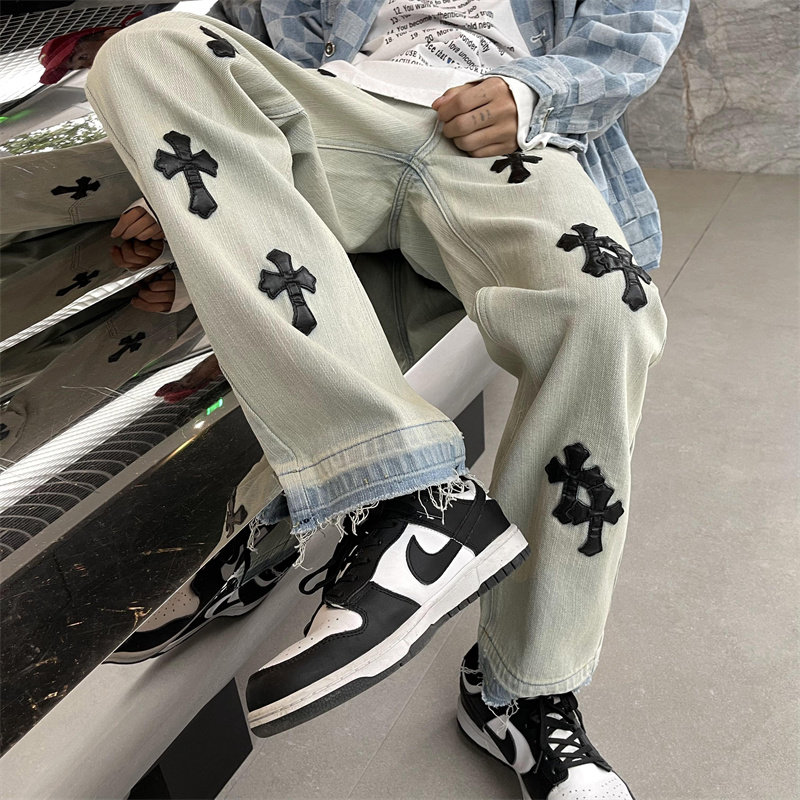 2025春季新款！宽松直筒刺绣十字架牛仔长裤805-D18-P60控78,男装休闲裤,星座809B（原星座805）