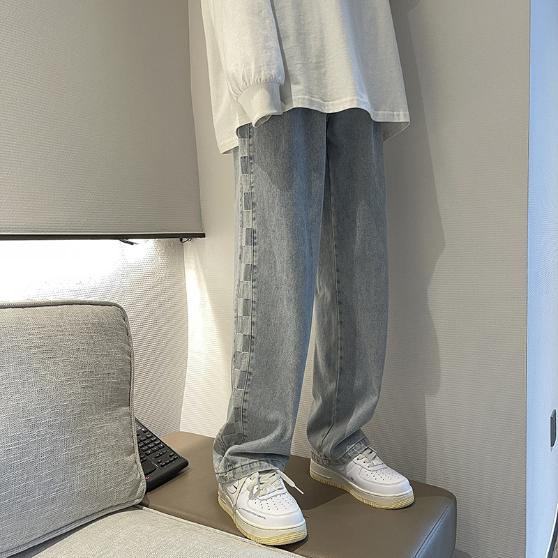 秋季港风宽松阔腿牛仔裤直筒侧边格子裤子805-T07-P50控68，男装牛仔裤，星座809B（原星座805）