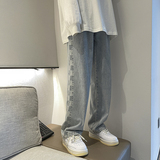 秋季港风宽松阔腿牛仔裤直筒侧边格子裤子805-T07-P50控68，男装牛仔裤，星座809B（原星座805）