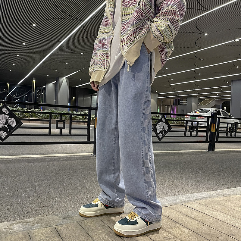 秋季港风宽松阔腿牛仔裤直筒侧边格子裤子805-T07-P50控68,男装牛仔裤,星座809B（原星座805）