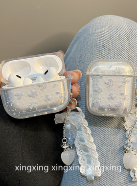 ins春夏蓝色蝴蝶结碎花适用airpodspro3保护套苹果2代4代蓝牙耳机壳