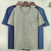 男士 纯棉夏季 薄款 中老年人开衫 宽松爸爸全棉t恤汗衫 上衣 大码 短袖