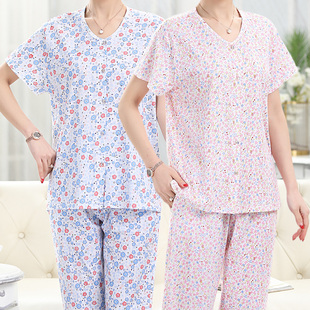 妈全棉大码 夏季 女士中老年人纯棉宽松家居服套装 薄款 短袖 睡衣睡裤