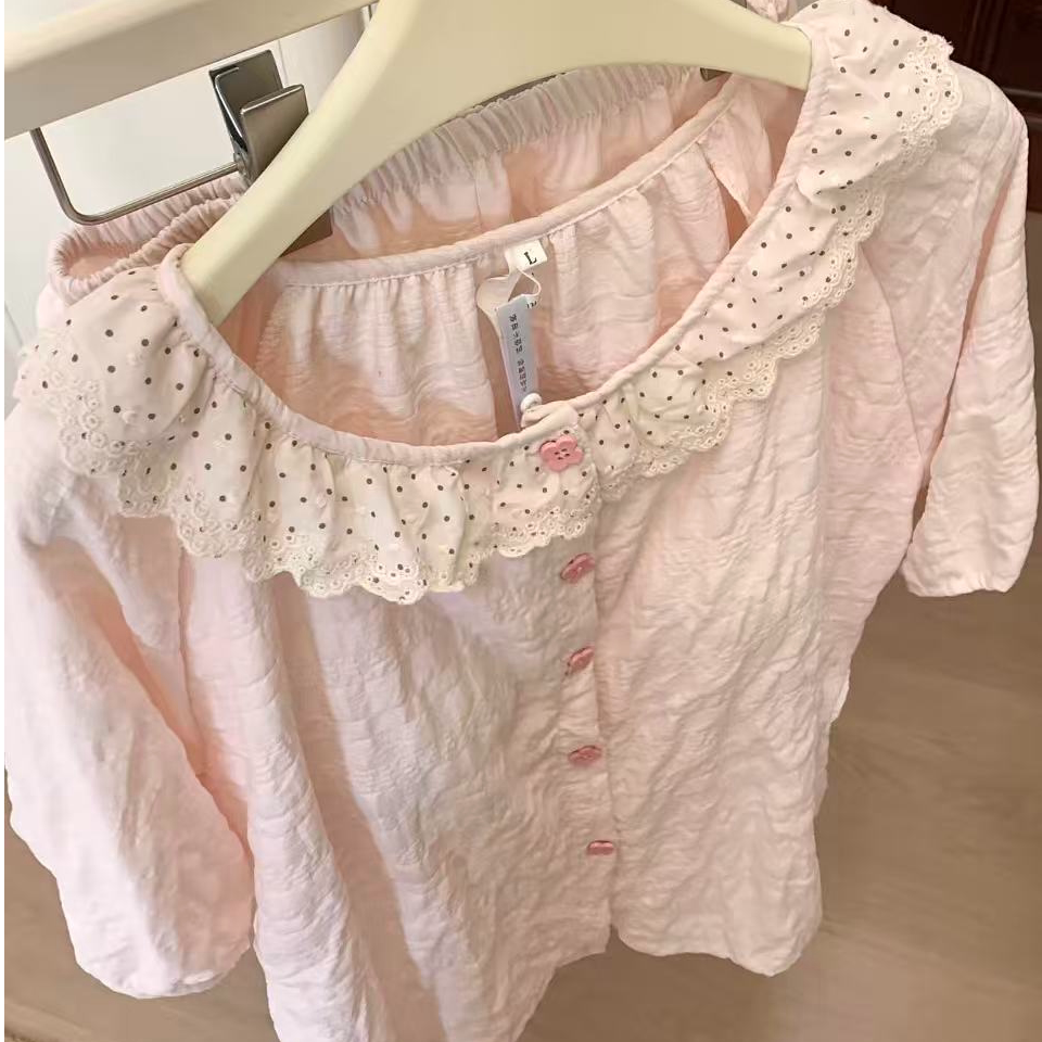 少女甜美简约休闲波点蕾丝花边公主风睡衣女夏季韩版ins风家居服