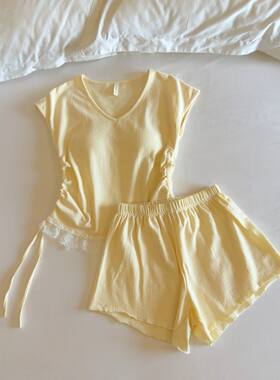 纯棉睡衣女夏季带胸垫家居服甜美蕾丝花边纯色高级感无袖背心套装