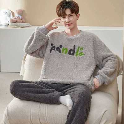 半边绒男士睡衣冬季加厚加绒保暖珊瑚绒男款冬款家居服可外穿套装