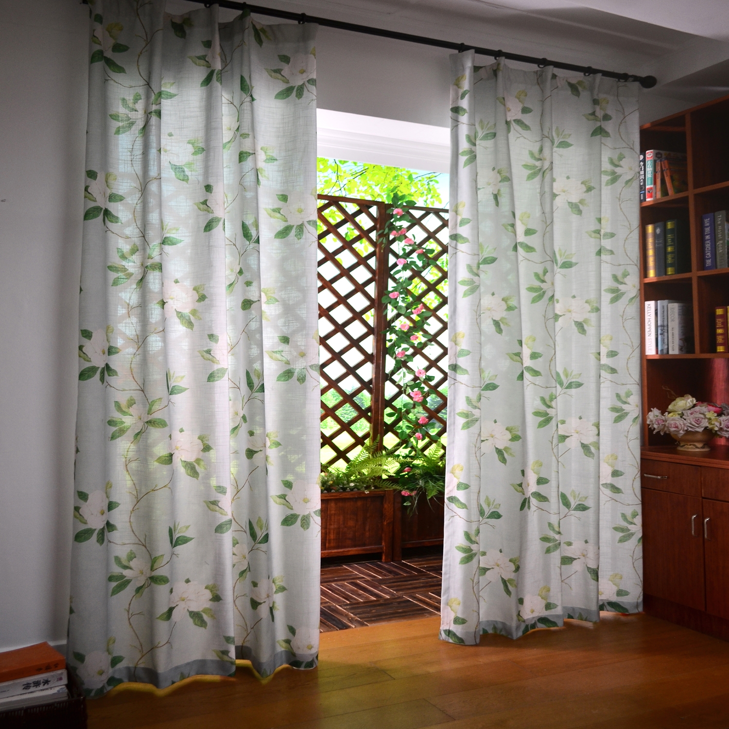 别墅客栈北欧美式田园植物花卉图案十字竹节棉麻亚麻印花窗帘布料
