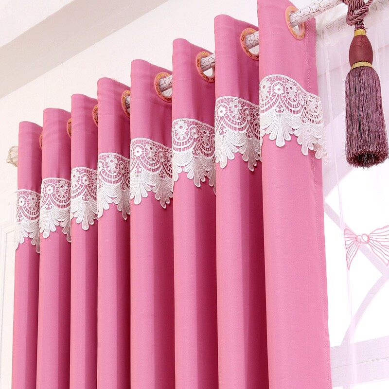 简约现代韩式卧室公主房飘窗粉色遮光窗帘布料法式双层蕾丝免打孔
