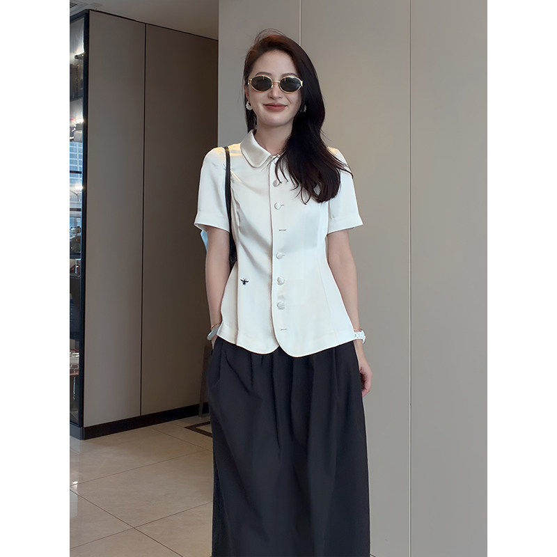法式醋酸缎面衬衫女夏季收腰上衣