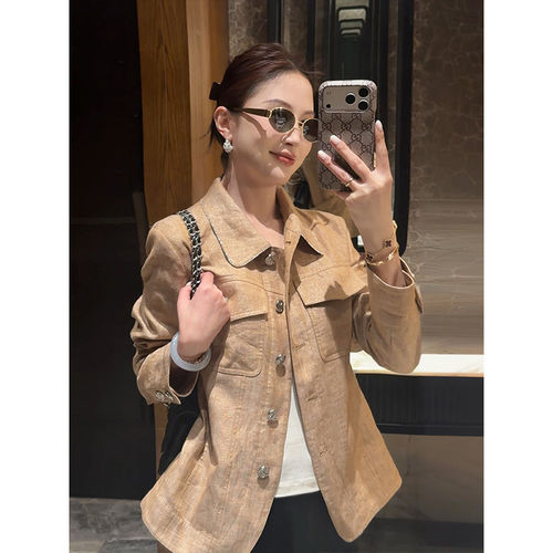 亚麻翻领短款夹克女春夏收腰外套