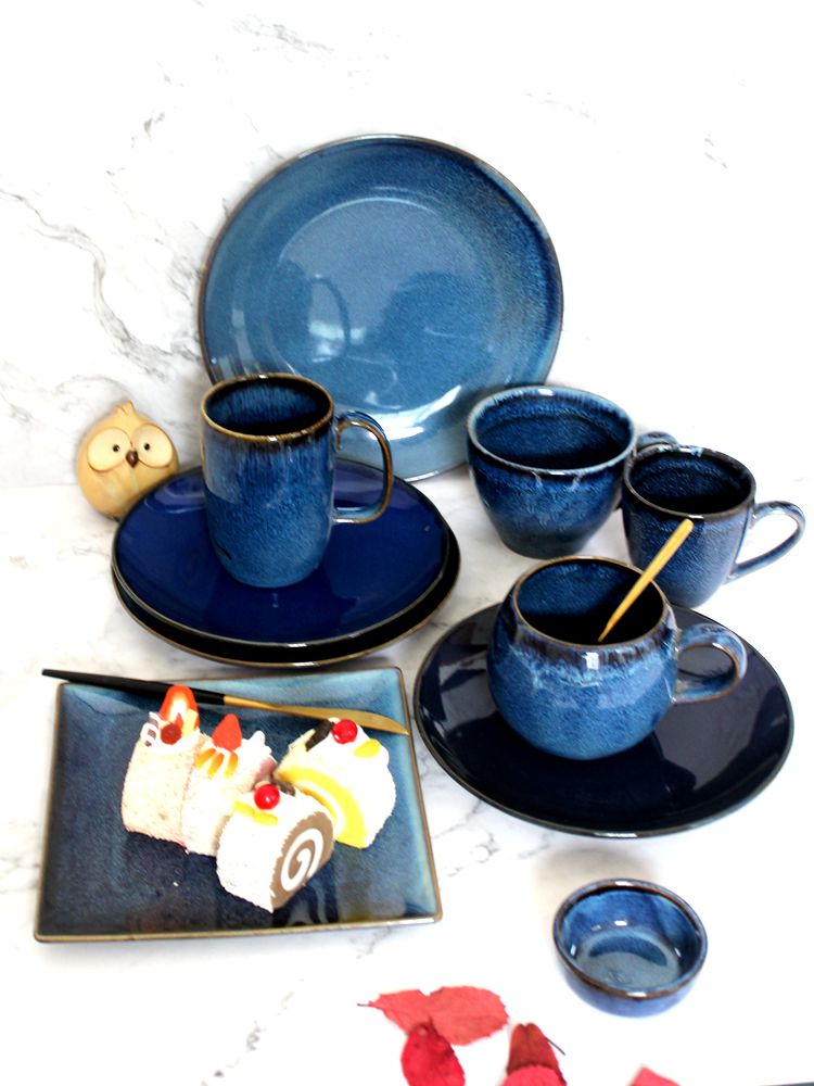 复古窑变蓝色陶瓷盘马克杯盘套日式家用大容量水杯咖啡杯居家菜盘