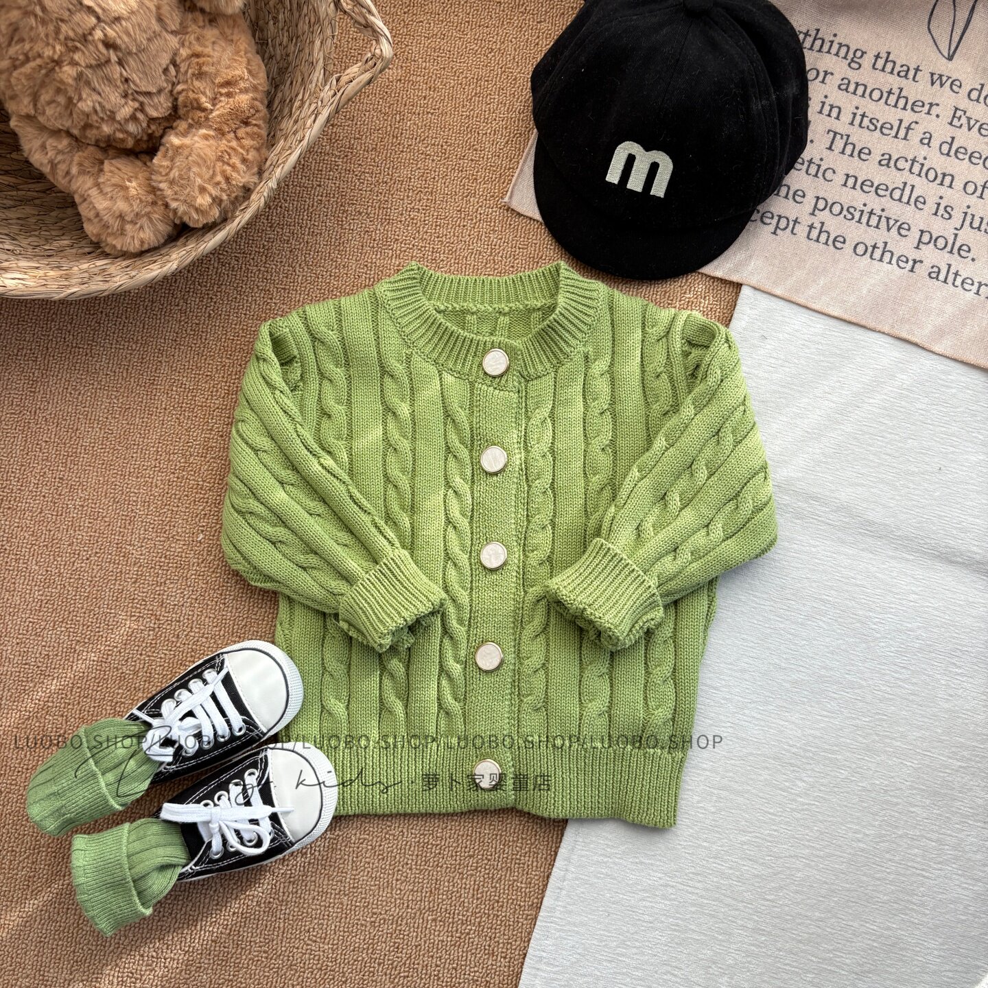 婴幼儿春装洋气绿色开衫上衣男女宝宝纯棉麻花百搭针织衫春季外套