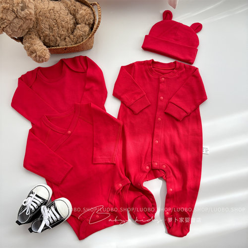 宝宝红色纯棉满月百日连体衣爬服